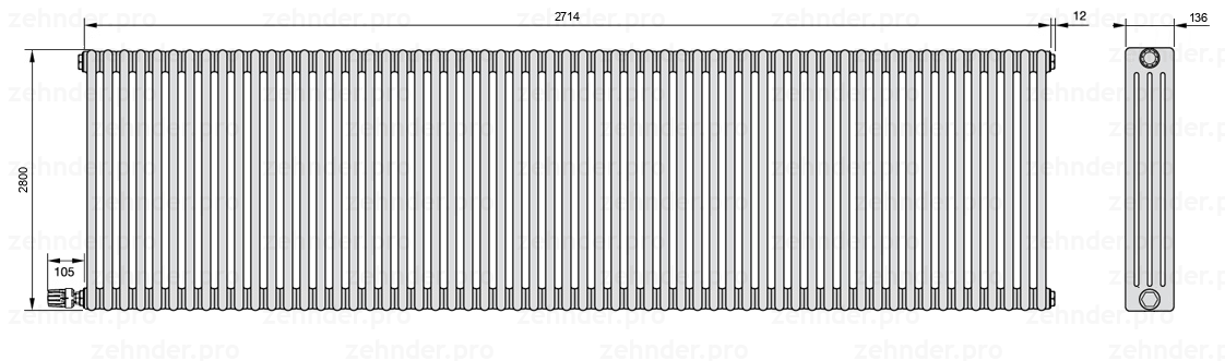 Схема (чертеж) Радиатор Zehnder Charleston 4280/59 №V003 Белый глянцевый RAL 9016